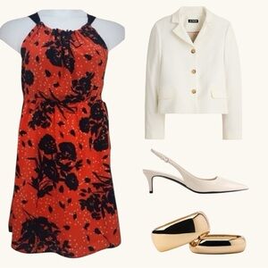 🧡 Jaloux Silk Halter Dress |  Red Black Floral | Crisscross Back | Size Small